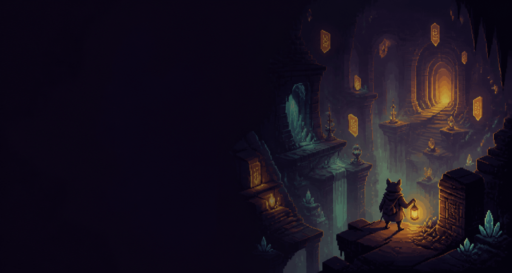 Original pixel-art adventurer descending through an ancient dungeon